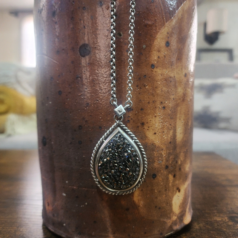 Elegant Silver Brighton Crystal Druzy Teardrop Pendant Necklace